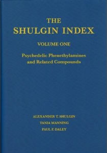 Cover of The Shulgin Index, Volume One: Psychedelic Phenethylamines and Related Compounds. Alexander T. Shulgin, Tania Manning and Paul F. Daley.. Cover design by Jen Delyth.